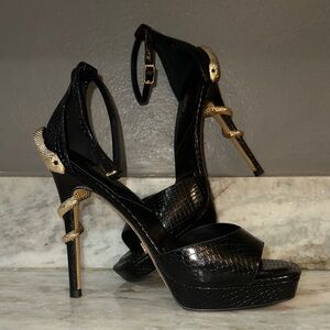 Aldo 8 1/2 Gold Snake Wrapped Around Black High Heel Sandals Shoes Open Toe 8.5